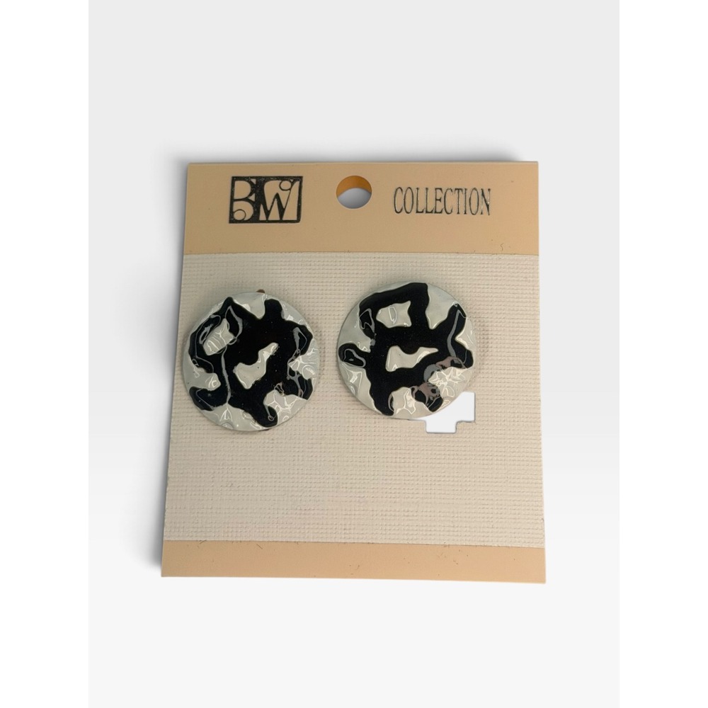 BMI Collection Black White Abstract Splatter Button Stud Earrings Vintage Style
